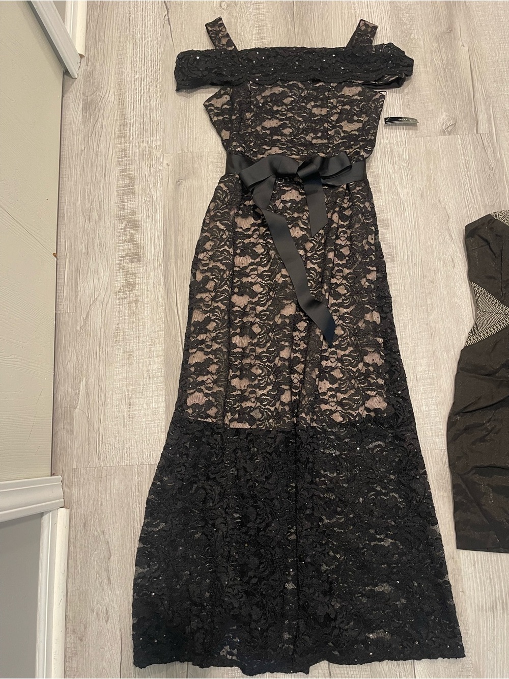 R&M Richards Black Lace Off-Shoulder Maxi with Satin Waist Bow